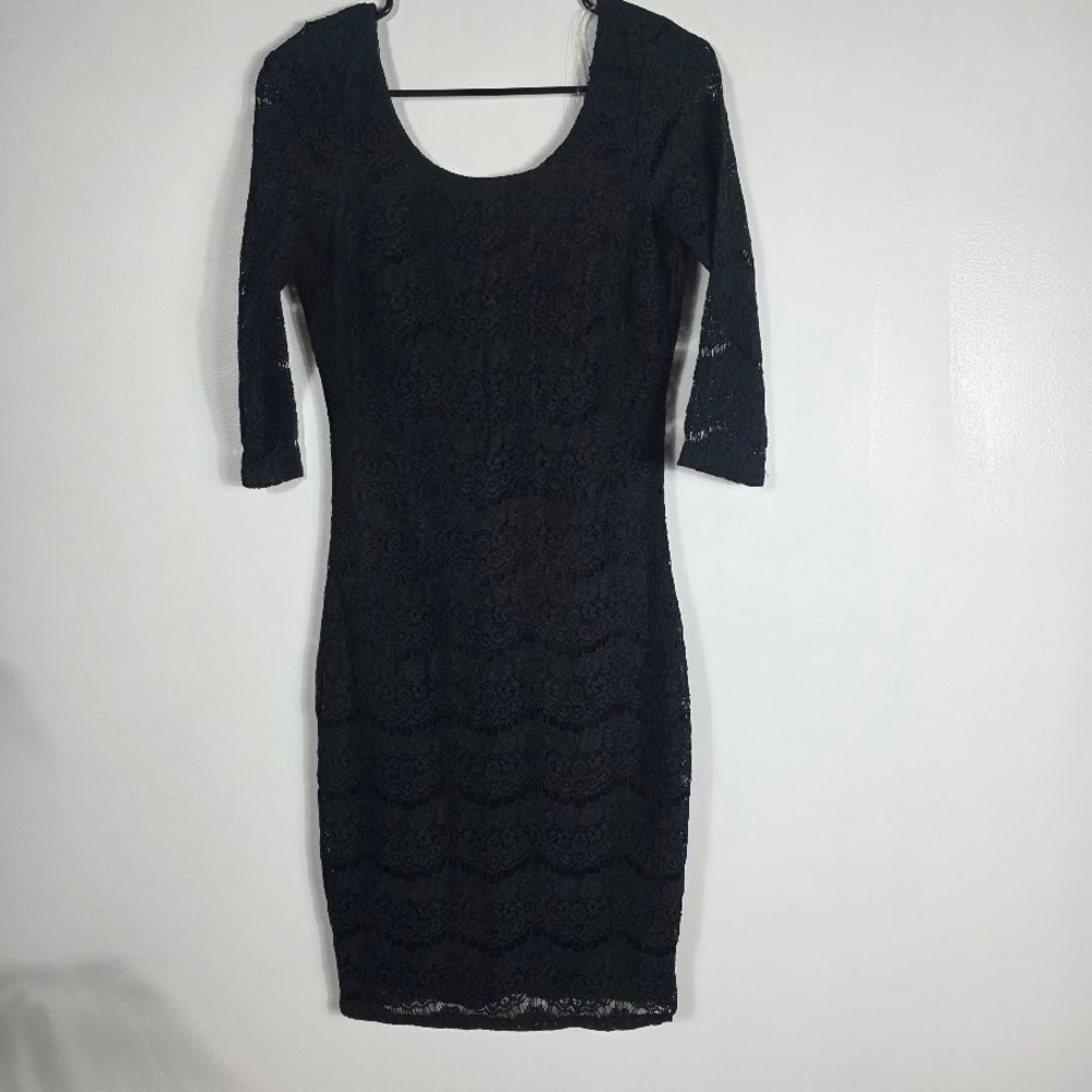 Fire Los Angeles Black Lace Zipper Bodycon Dress 3/4 Sleeve Midi Size M